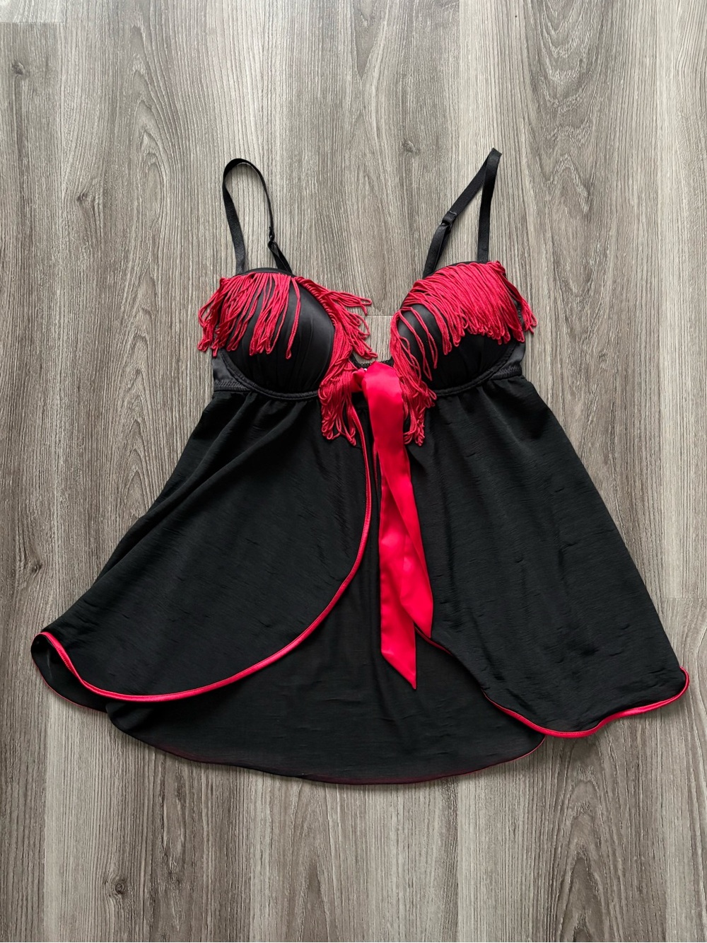 La SENZA Black Babydoll Lingerie with Red Fringe